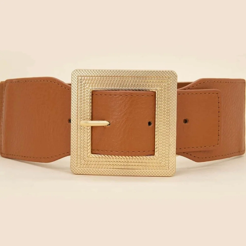 Luxe Gold Tone Square Bucket Vegan Leather Stretchy Belt - Picture 2 of 4